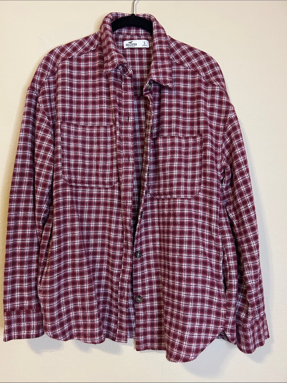Hollister Oversized Women’s Burgundy Plaid Flannel Button-Down Shirt Size S